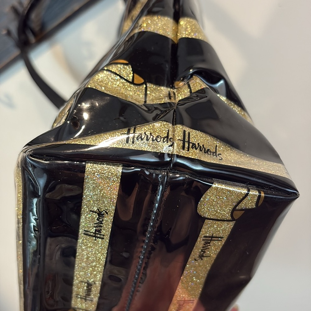 Harrods Black Patent Leather Gold Glitter Bow Large Tote - Picture 9 of 13